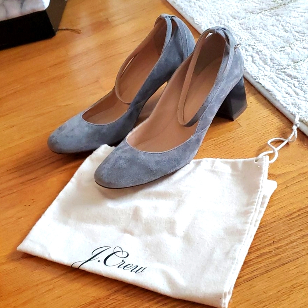 J. Crew grey suade block heel.